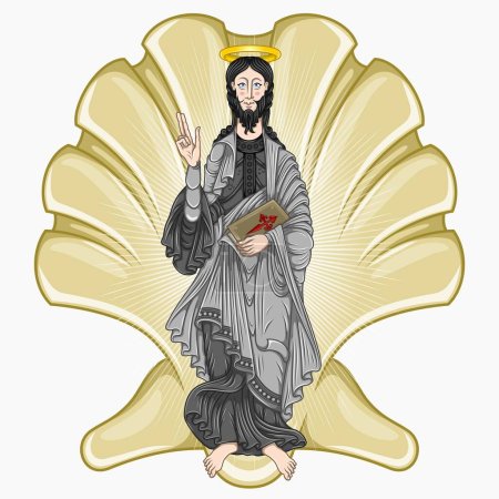Ilustración de Diseño vectorial Santiago Apóstol sosteniendo una biblia, con el símbolo de una concha marina, arte cristiano de la Edad Media - Imagen libre de derechos