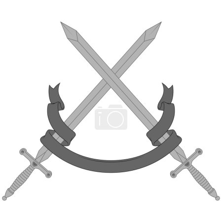 Illustration for European medieval sword vector design, Medieval swords encircled with heraldic ribbon - Royalty Free Image