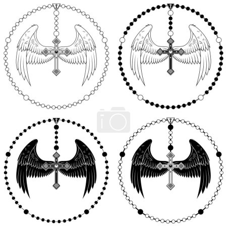 Vector design of winged cross with Christian rosary, heavenly cross with wings, symbology of the Catholic religion