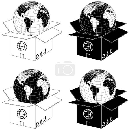 Conception vectorielle planète terre sortant d'une boîte en carton, conception mondiale de boîte d'expédition