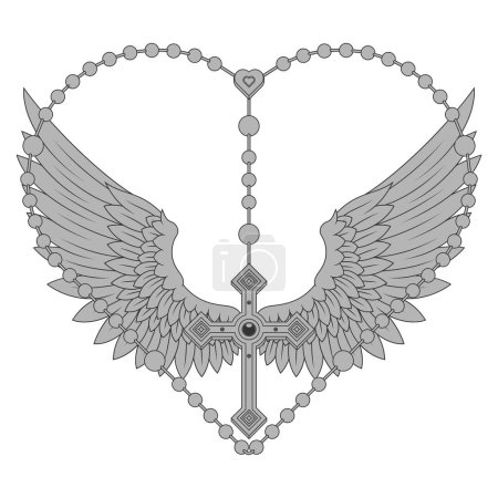 Vektor-Design von Flügelkreuz mit herzförmigem Rosenkranz, herzförmigem Rosenkranz mit Flügeln, Symbol der katholischen Religion