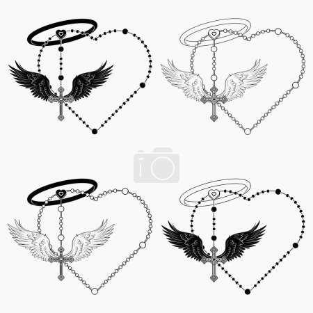 Conception vectorielle de croix ailée avec chapelet en forme de c?ur, chapelet en forme de c?ur avec ailes, symbologie de la religion catholique