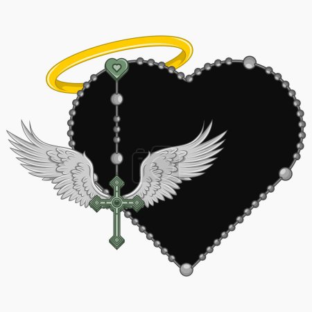 Diseño vectorial de la cruz alada con rosario en forma de corazón, rosario en forma de corazón con alas, simbología de la religión católica