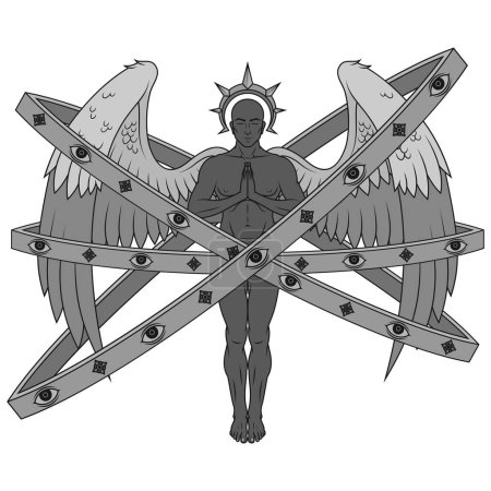 Conception vectorielle de l'ange priant avec cerceaux, trône angélique de religion catholique, archange avec halo