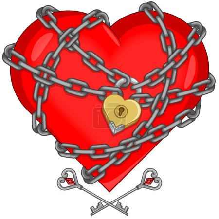 Ilustración de Diseño vectorial de un corazón de amor encadenado, corazón encadenado con candado y llaves - Imagen libre de derechos