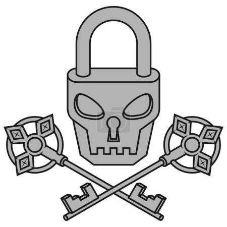 Ilustración de Diseño vectorial de candado en forma de calavera con llaves viejas, candado con una cara satánica - Imagen libre de derechos