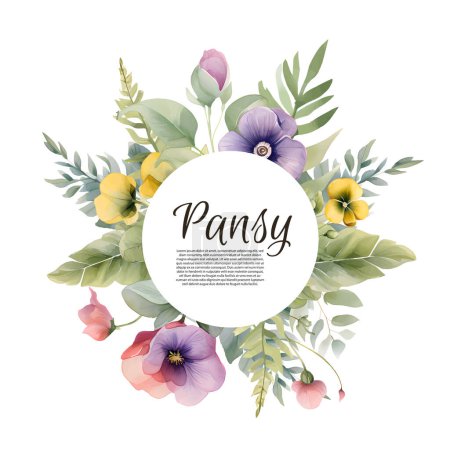 Illustration for Vector invitation or greeting circle card with yelow and violet pansy flowers, lisianthus flowers and forget-me-not flowers. - Royalty Free Image