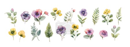 Illustration for Watercolor pansy flowers bouquet collection. Vector viola spring floral set illustration. Summer bloom violet plant decoration design elements - Royalty Free Image