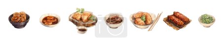 Illustration for Chinese cuisine. Asian food Mapo tofu, rice, Dragons beard candy and tanghulu. Wok, peking duck, dumplings, wonton, fried noodles and rolls. - Royalty Free Image