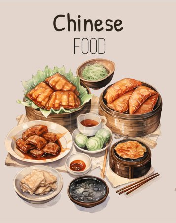 Illustration for Chinese cuisine menu layout. Asian food outline vector illustration. Peking duck, dumplings, wonton, fried noodles and rolls. Mapo tofu, rice, Dragons beard candy and tanghulu. - Royalty Free Image