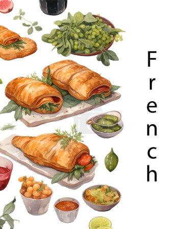Illustration for French cuisine. Collection of delicious food. Isolated elements. Concept design for decoration restaurants, menu. Vintage vector illustration - Royalty Free Image