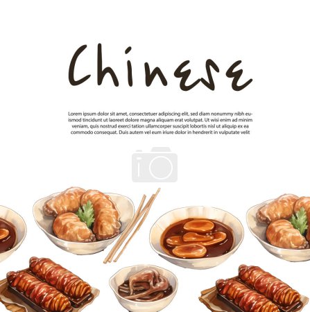Illustration for Asian food background. Asian food poster. Asian food frame menu restaurant. Asian food sketch menu.Watercolor Vector illustration - Royalty Free Image