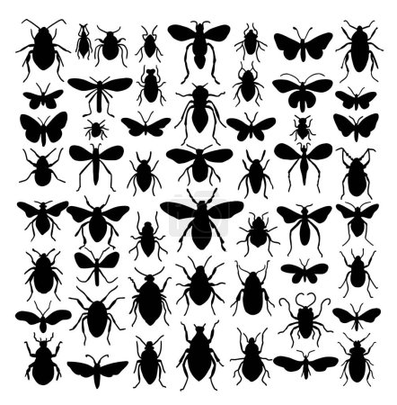 Ilustración de Gran conjunto de siluetas de insectos en diferentes postes. Casi cada tipo de insectos representados en el conjunto. Alto detalle. Ilustración vectorial. - Imagen libre de derechos