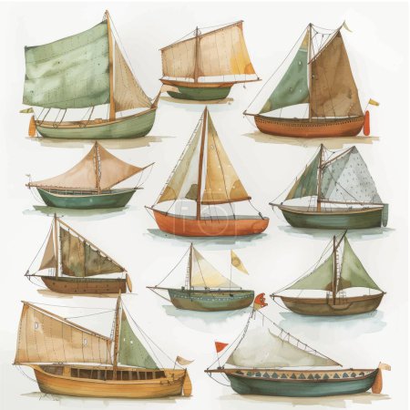 Sailing boat, hand painted watercolor illustration. The scene gives a painting of serene woody plants on a grassy landscape. Vector