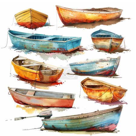 The painting features a variety of boats, vector, showcasing a diverse range of water vessels in the artwork