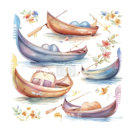 Watercolor vector illustration with gondolier paddling gondola along Venetian channel.