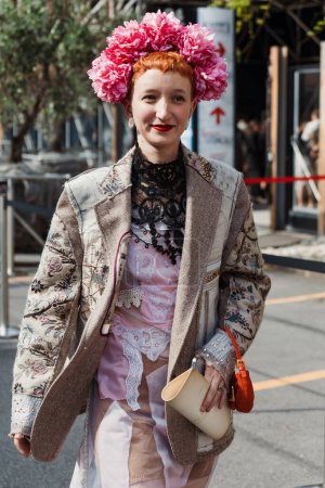 Photo for Judith Bradl wears Antonio Marras jacket and dress, outside Antonio Marras show during Milan Fashion Week Womenswear Spring/Summer 2024. - Royalty Free Image