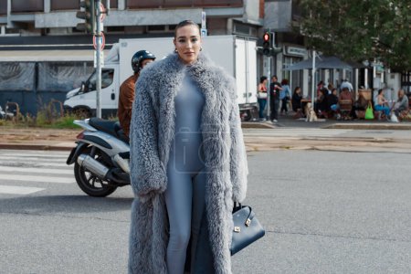 Photo for Ginevra Mavilla wears all Ferragamo, outside Salvatore Ferragamo show during Milan Fashion Week Womenswear Spring/Summer 2024. - Royalty Free Image