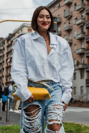 Photo for Tiffany Hsu outside Salvatore Ferragamo show during Milan Fashion Week Womenswear Spring/Summer 2024. - Royalty Free Image