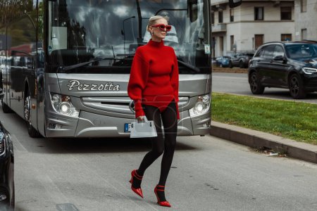 Photo for Leonie Hanne wears all Ferragamo, outside Salvatore Ferragamo show during Milan Fashion Week Womenswear Spring/Summer 2024. - Royalty Free Image