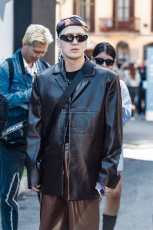 Photo for A guest outside Shuting Qiu show during Milan Fashion Week Womenswear Spring/Summer 2024. - Royalty Free Image