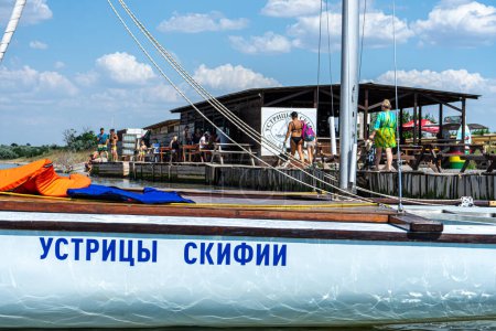 Photo for TILIGUL ESTUARY, UKRAINE - JULY 26, 2021: Restaurant "Scifian Oysters" is located near oyster farm in Tiligul estuary, Ukraine on July 26, 2021. - Royalty Free Image