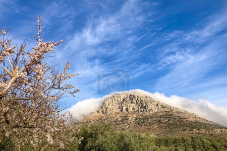Vista panorámica desde carretera al Parque Nacional de Antequerra, formaciones rocosas de piedra caliza y conocidas por sus insólitas formaciones kársticas en Andalucía, Málaga, España.