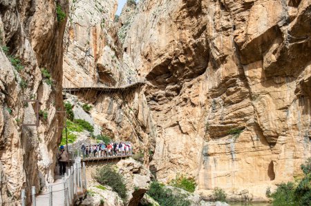 Photo for EL CHORRO, SPAIN - MARCH 19, 2024: Caminito del Rey, The King's Path. Walkway pinned along the steep walls of a narrow gorge in El Chorro, Malaga, Spain on March 19, 2024 - Royalty Free Image