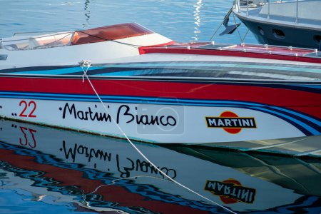 Photo for BANUS, SPAIN - MARCH 16, 2024: Martini Bianco boat in marina on sunrise in Banus, Marbella, Spain on March 16, 2024 - Royalty Free Image