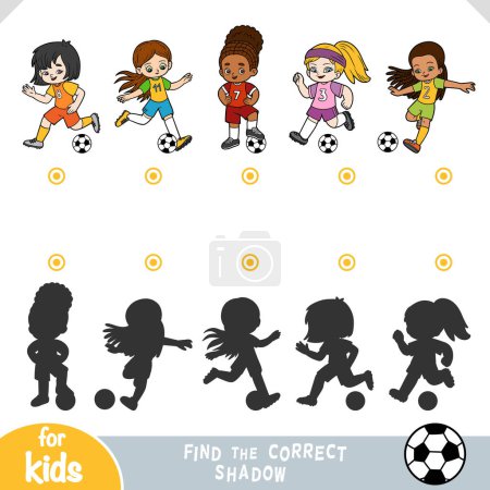 Illustration for Find the correct shadow, education game for children, Football players girls with a balls - Royalty Free Image