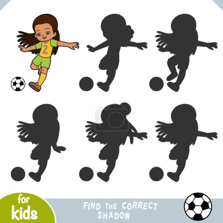 Illustration for Find the correct shadow, education game for children, Football player girl with a ball - Royalty Free Image