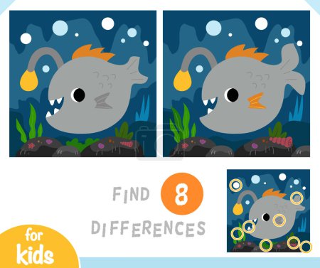 Find differences educational game for children, Cute monkfish and underwater cave background