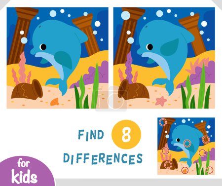 Find differences educational game for children, Cute dolphin and underwater city background