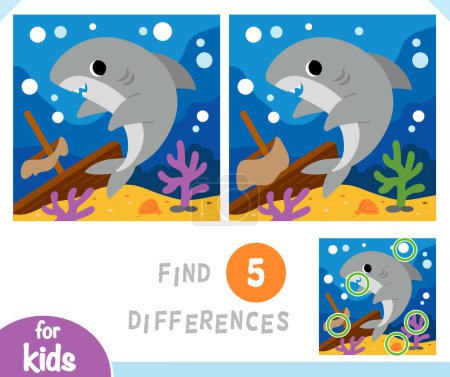 Find differences educational game for children, Cute shark and sunken ship background