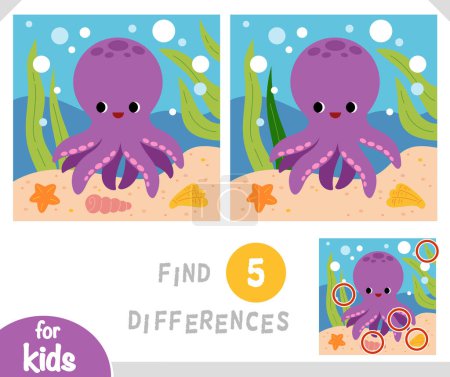 Find differences educational game for children, Cute octopus and sea background ocean floor