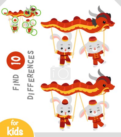 Illustration for Find differences, educational game for children, Chinese new year characters two rabbits and dragon dance - Royalty Free Image