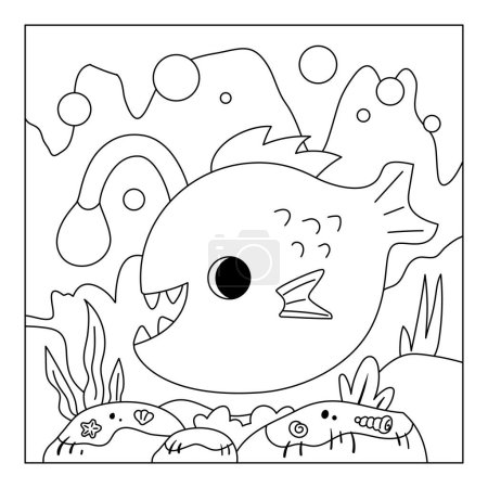 Téléchargez les illustrations : Coloring book for children, Cute monkfish and underwater cave background - en licence libre de droit