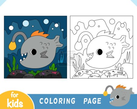 Téléchargez les illustrations : Coloring book for children, Cute monkfish and underwater cave background - en licence libre de droit