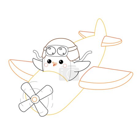 Illustration for Coloring book for children, Cute penguin pilot is flying on an airplane - Royalty Free Image