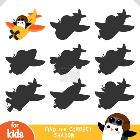 Finden Sie den richtigen Schatten, Lernspiel für Kinder, Netter Pinguinpilot fliegt im Flugzeug
