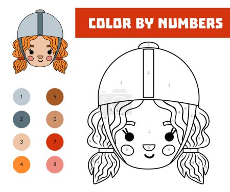 Ilustración de Color por número, juego de educación para niños, Chica en un casco de jinete de caballo - Imagen libre de derechos
