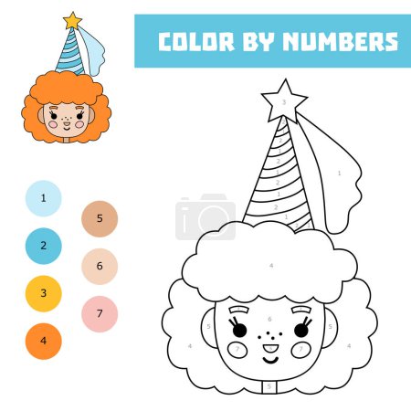 Ilustración de Color por número, juego de educación para los niños, linda cara de hada de dibujos animados en una capucha - Imagen libre de derechos