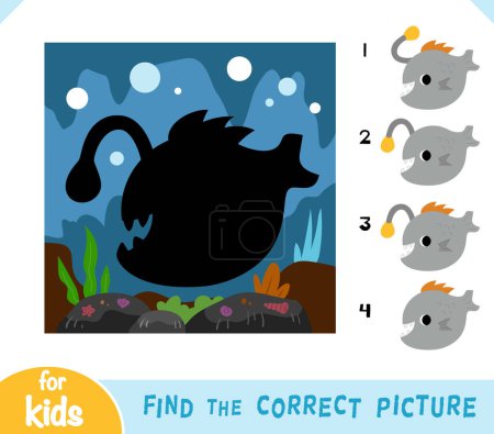 Finden Sie den richtigen Schatten, Aufklärungsspiel für Kinder, Netter Cartoon-Seeteufel mit Unterwasserhöhlenhintergrund