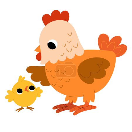 Illustration for Cute cartoon chicken and chick characters farm birds, cartoon vector illustration for children - Royalty Free Image