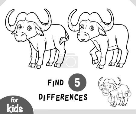 Illustration for Cute cartoon African buffalo animal, Find differences educational game for children, black and white activity page - Royalty Free Image