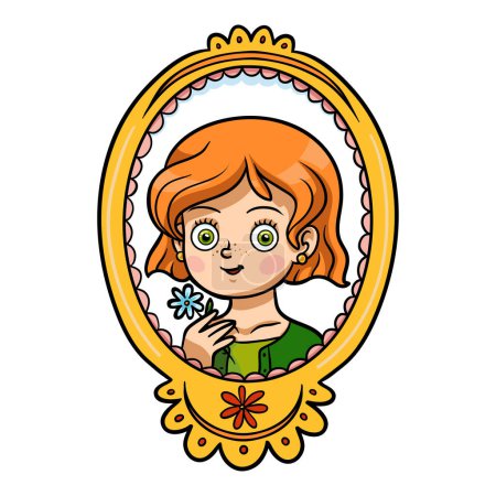 Ilustración de Retrato de una mujer en un marco de fotos, lindo personaje femenino de dibujos animados con una flor - Imagen libre de derechos