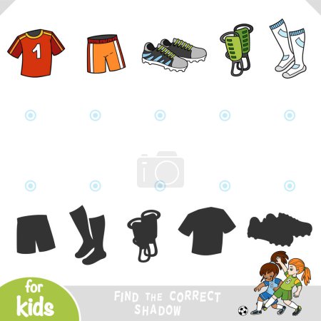 Find the correct shadow, education game for children, set of football sport wear and shoe