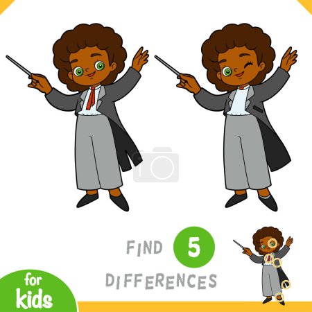 Téléchargez les illustrations : Trouver des différences, jeu éducatif pour les enfants, fille de dessin animé mignon le chef d'orchestre et bâton - en licence libre de droit