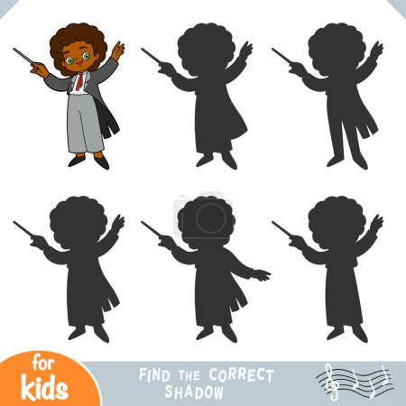 Encontrar la sombra correcta, juego de educación para los niños, Linda chica de dibujos animados el director de orquesta y palo