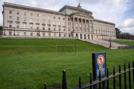 Photo for Belfast City, Co Antrim, Northern Ireland, February 17th 2023. Front of Stormont, Northern Irish House of Parliament, view from left of the building with no entry sign prominent - Royalty Free Image